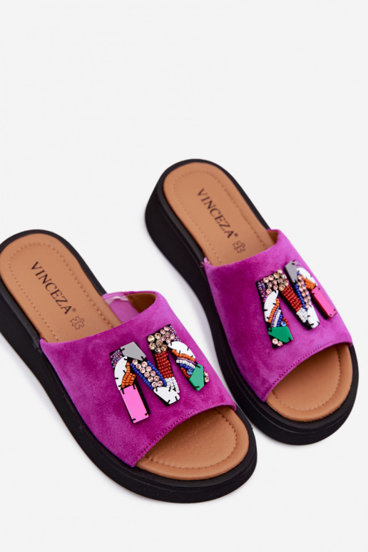 Kožené Dámske semišové papuče s ozdobami s platformou Vinceza 66942 Ružová