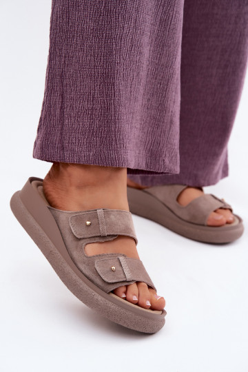 Kožené Dámske semišové papuče s platformou Vinceza 66916 béžová