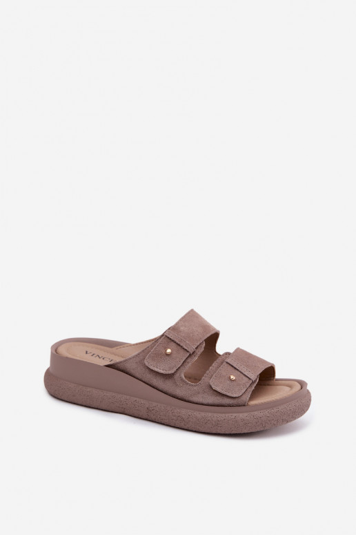 Kožené Dámske semišové papuče s platformou Vinceza 66916 béžová