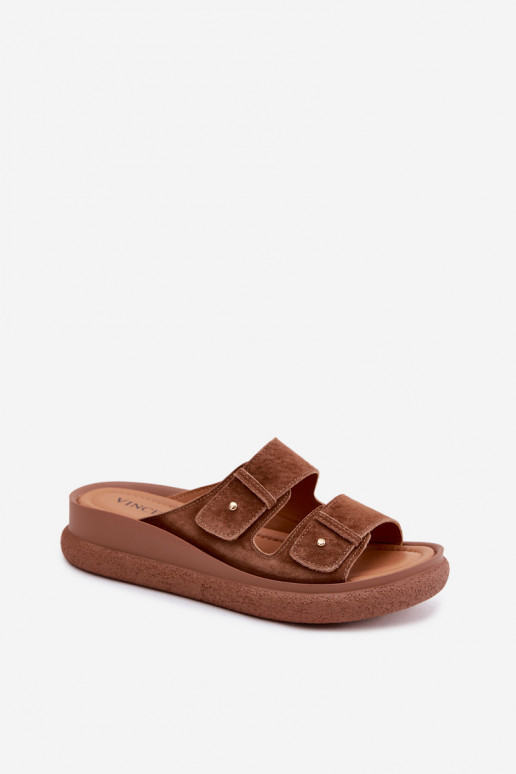 Kožené Dámske semišové papuče s platformou Vinceza 66916 Hnedá farba