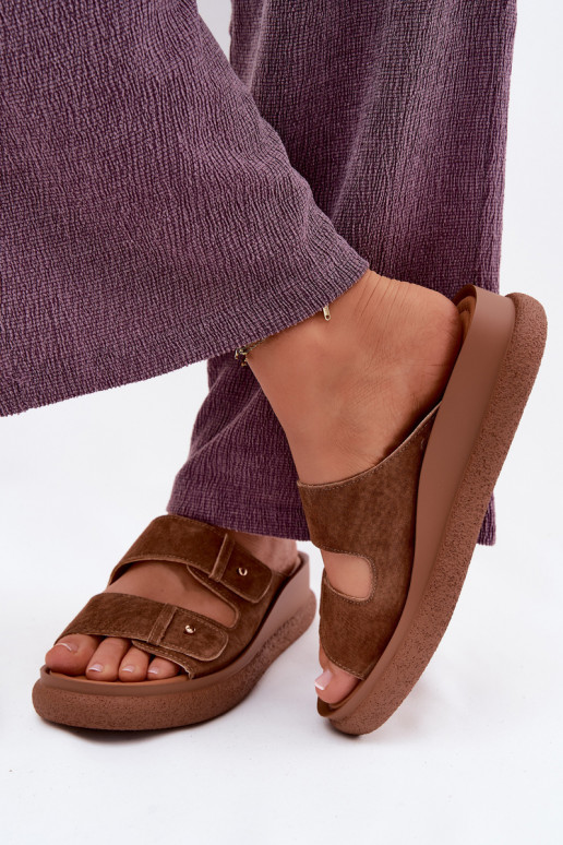 Kožené Dámske semišové papuče s platformou Vinceza 66916 Hnedá farba