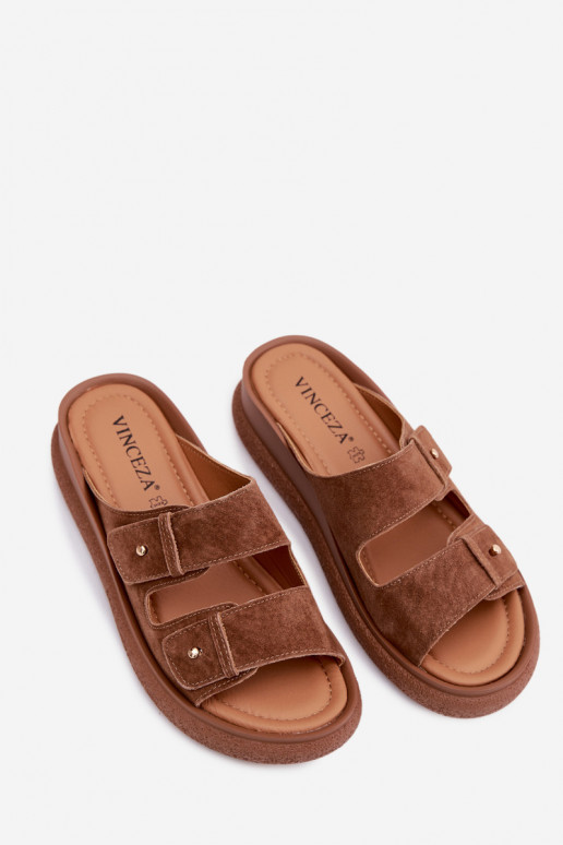 Kožené Dámske semišové papuče s platformou Vinceza 66916 Hnedá farba