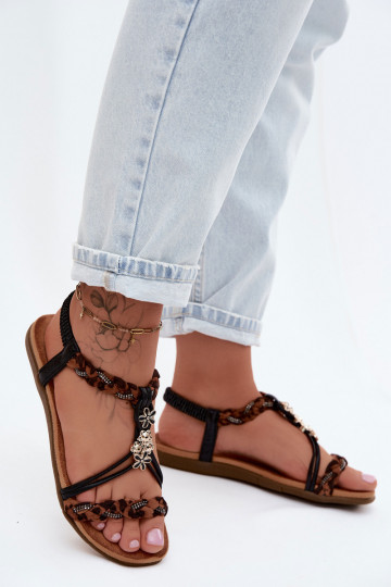 Dámske sandálePrzypinkami I Plecionymi Paskami čierna so vzormi leopardej kožušiny Nusoreth