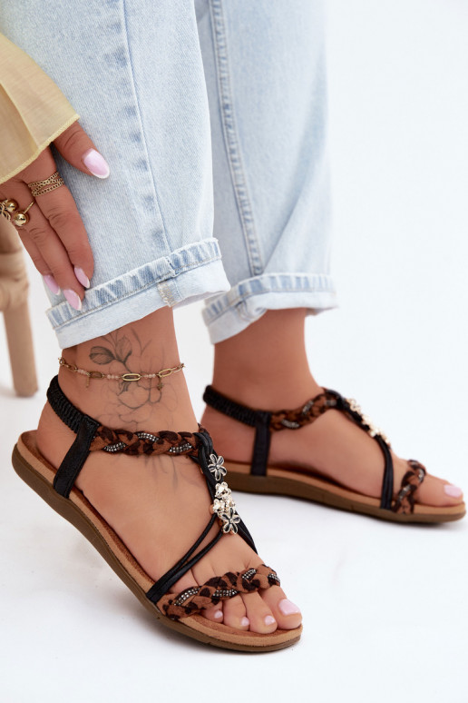 Dámske sandálePrzypinkami I Plecionymi Paskami čierna so vzormi leopardej kožušiny Nusoreth