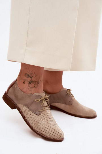 Kožené topánky Dámske Elegantný štýl so šnúrkami Zazoo 4238 béžová-Hnedá farba 2