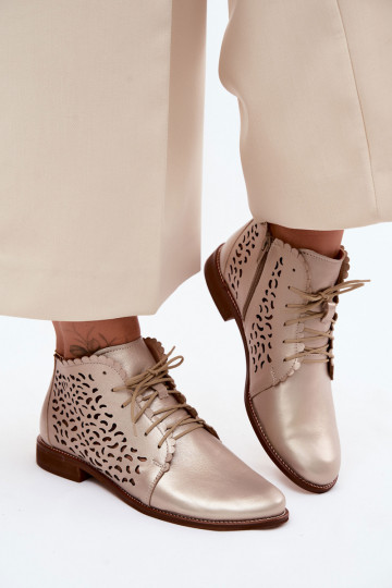 Kožené Prelamované čižmy so širokými podpätkami Zazoo 4078 zlatej farby