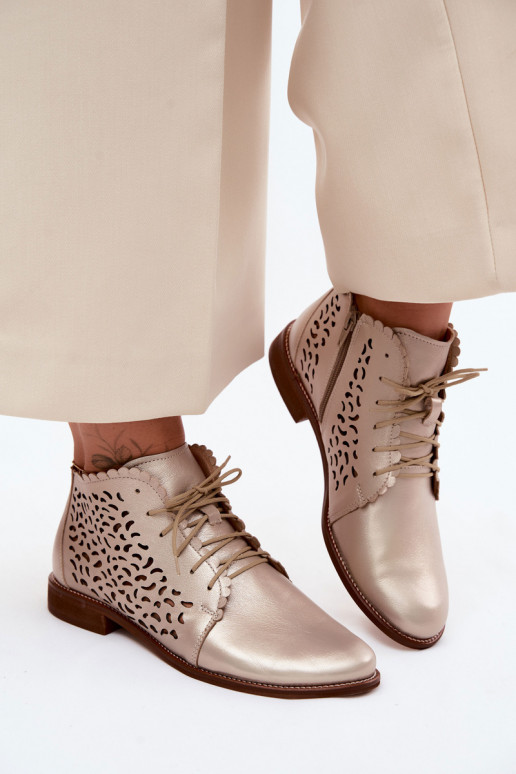 Kožené Prelamované čižmy so širokými podpätkami Zazoo 4078 zlatej farby