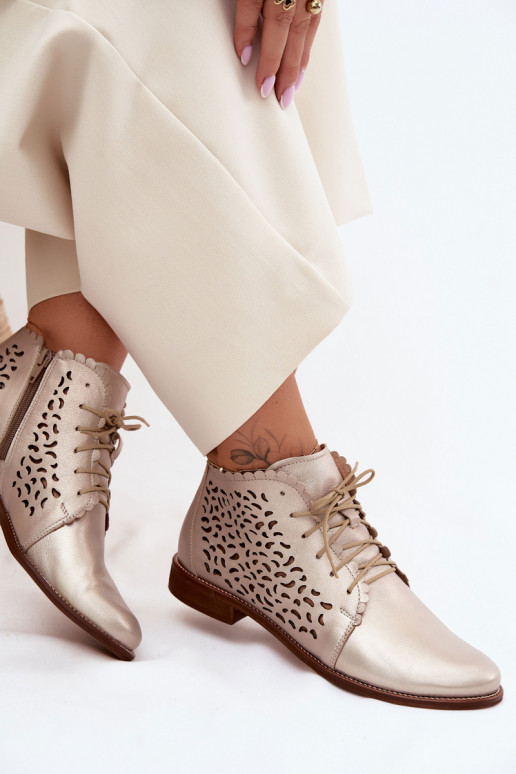 Kožené Prelamované čižmy so širokými podpätkami Zazoo 4078 zlatej farby