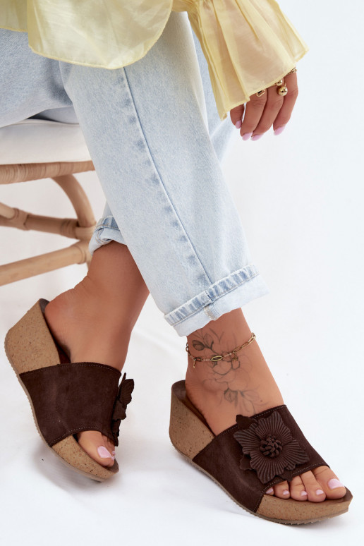 Kožené Dámske semišové papuče s platformou S Ornatem s kvetmiem Zazoo 40312 CzekoladoIne