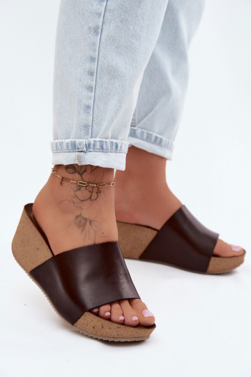 Zazoo 40291 Kožené papuče Dámske Zapnuté KorkoInym Koturnie CzekoladoIne