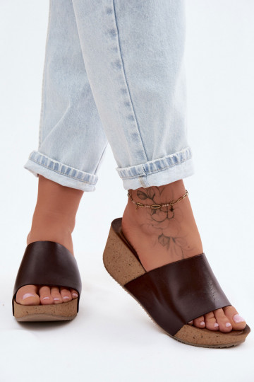 Zazoo 40291 Kožené papuče Dámske Zapnuté KorkoInym Koturnie CzekoladoIne 2