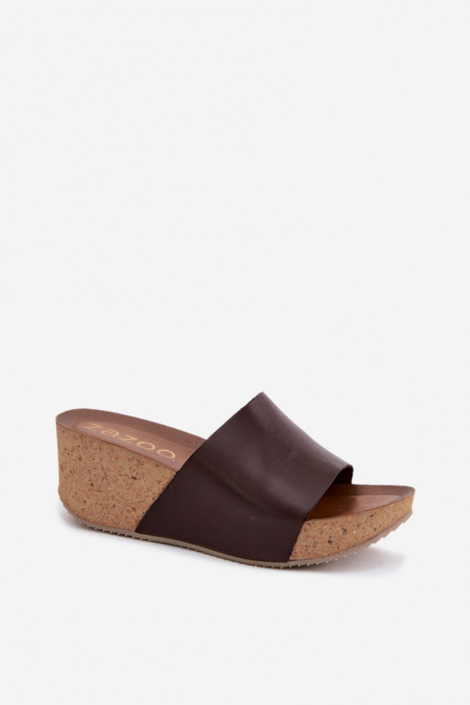 Zazoo 40291 Kožené papuče Dámske Zapnuté KorkoInym Koturnie CzekoladoIne