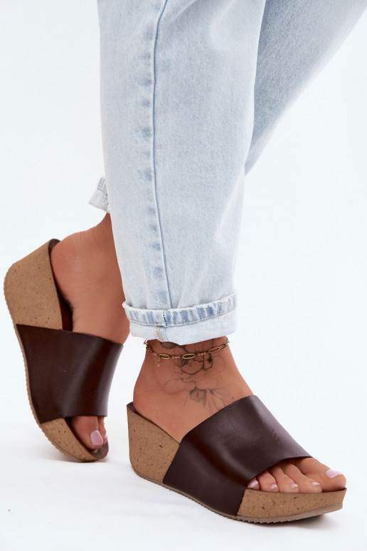 Zazoo 40291 Kožené papuče Dámske Zapnuté KorkoInym Koturnie CzekoladoIne