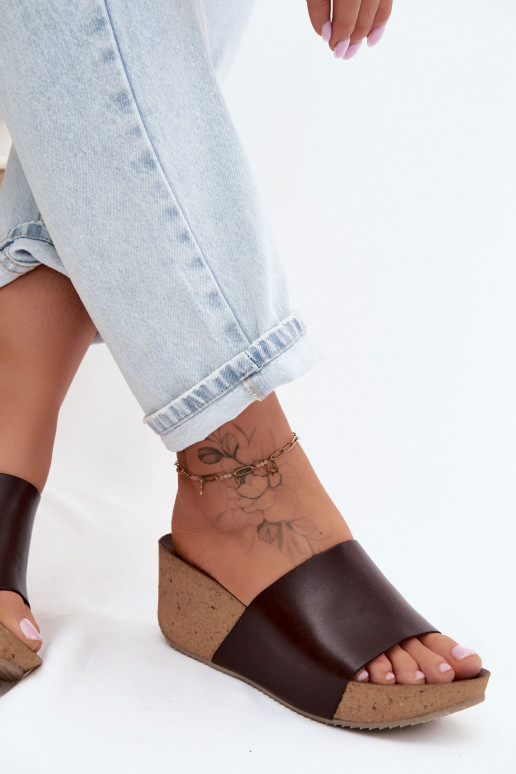 Zazoo 40291 Kožené papuče Dámske Zapnuté KorkoInym Koturnie CzekoladoIne