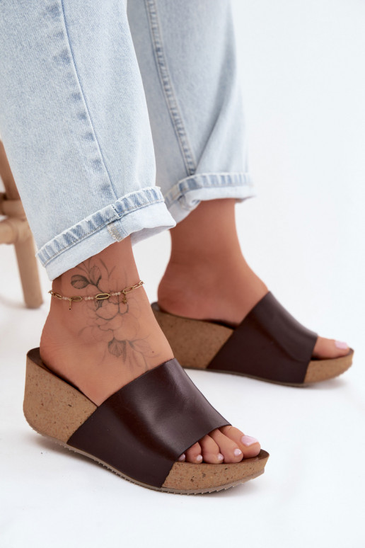 Zazoo 40291 Kožené papuče Dámske Zapnuté KorkoInym Koturnie CzekoladoIne