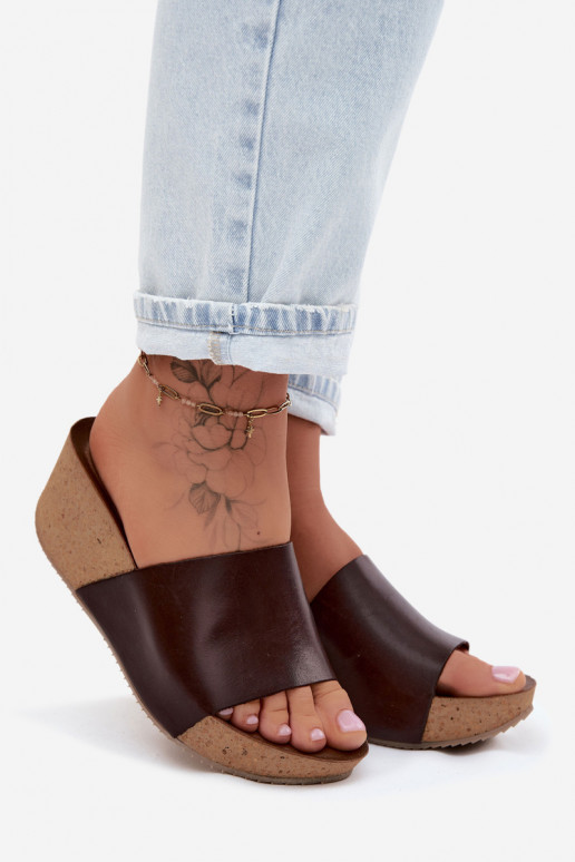 Zazoo 40291 Kožené papuče Dámske Zapnuté KorkoInym Koturnie CzekoladoIne