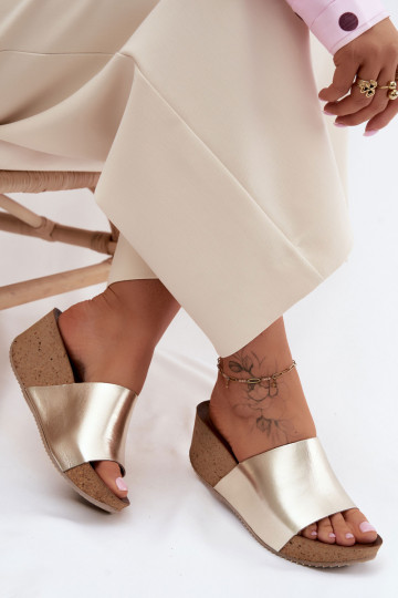 Zazoo 40291 Kožené papuče Dámske Zapnuté KorkoInym Koturnie zlatej farby