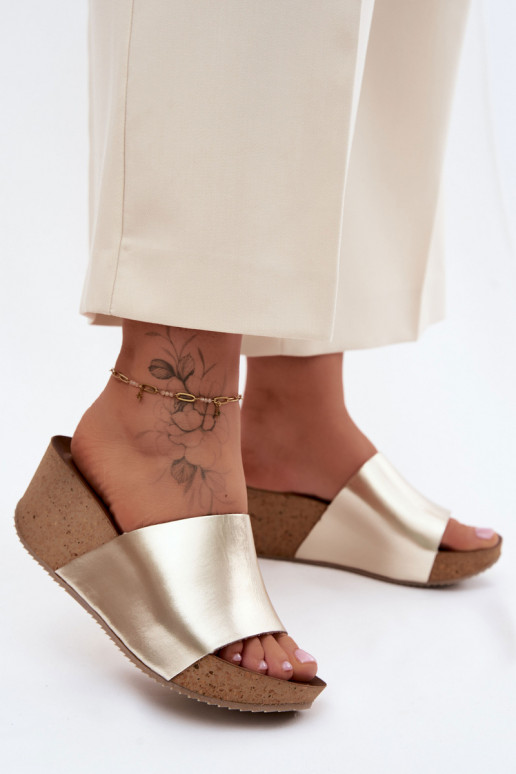 Zazoo 40291 Kožené papuče Dámske Zapnuté KorkoInym Koturnie zlatej farby