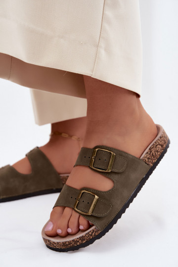 Dámske papuče s prackami Zapnuté korkovej podrážke khaki farby Harleen