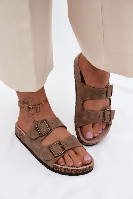 Khaki dámske šľapky so sponami na korkovej podrážke Harleen