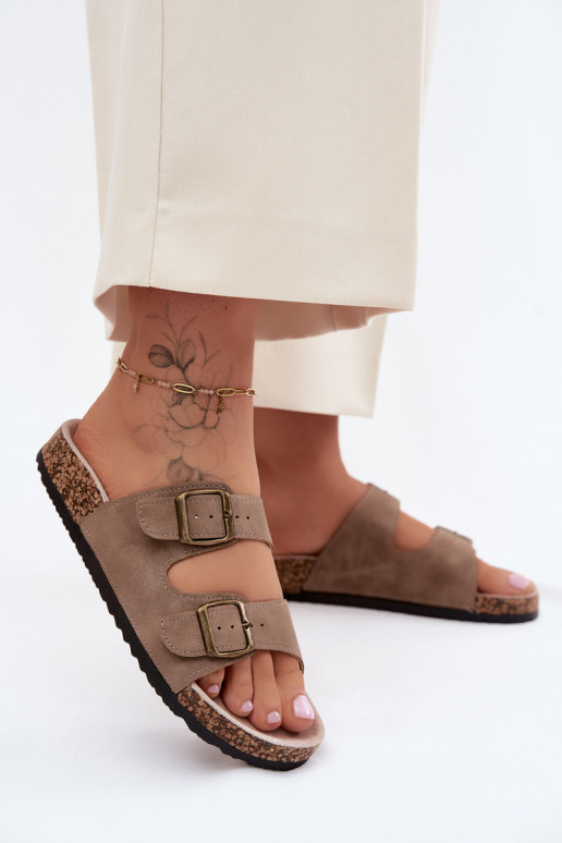 Dámske papuče s prackami Zapnuté korkovej podrážke khaki farby Harleen