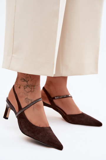 Čokoládové elegantné semišové vysoké podpätky s dekoratívnymi popruhmi D&A 2