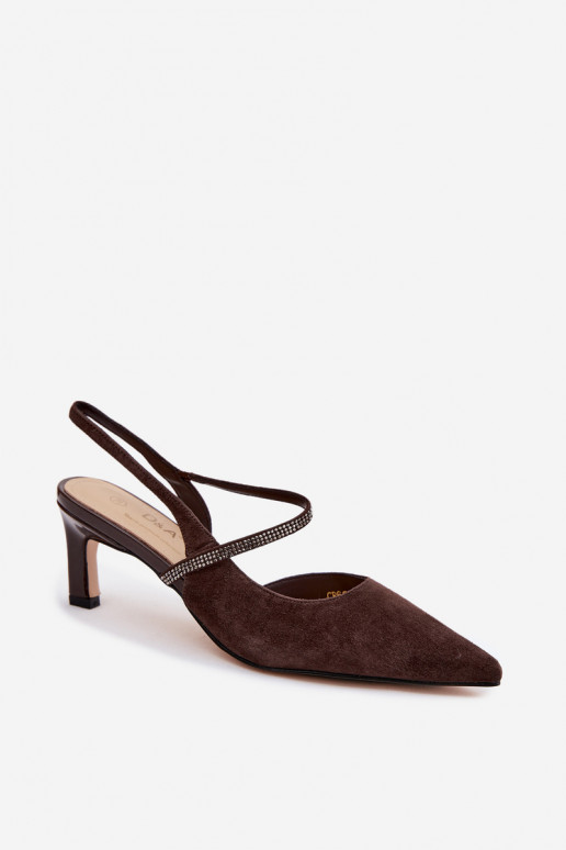 Čokoládové elegantné semišové vysoké podpätky s dekoratívnymi popruhmi D&A