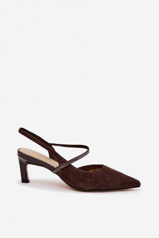 Čokoládové elegantné semišové vysoké podpätky s dekoratívnymi popruhmi D&A