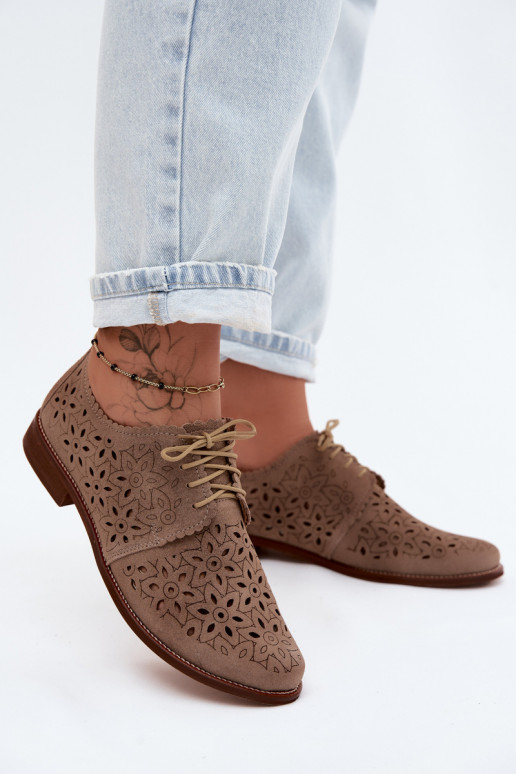 Kožené zo semišu topánky Dámske s prvkami prelamovania so širokými podpätkami Zazoo 4156 farba cappuccino