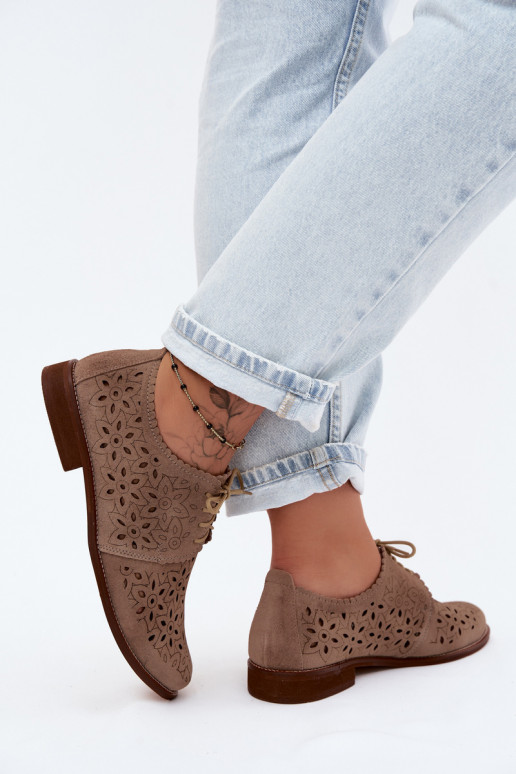 Kožené zo semišu topánky Dámske s prvkami prelamovania so širokými podpätkami Zazoo 4156 farba cappuccino