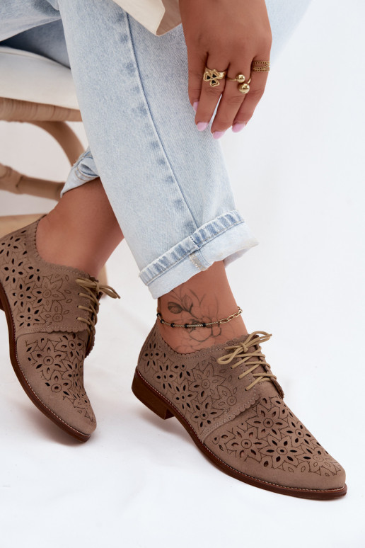 Kožené zo semišu topánky Dámske s prvkami prelamovania so širokými podpätkami Zazoo 4156 farba cappuccino