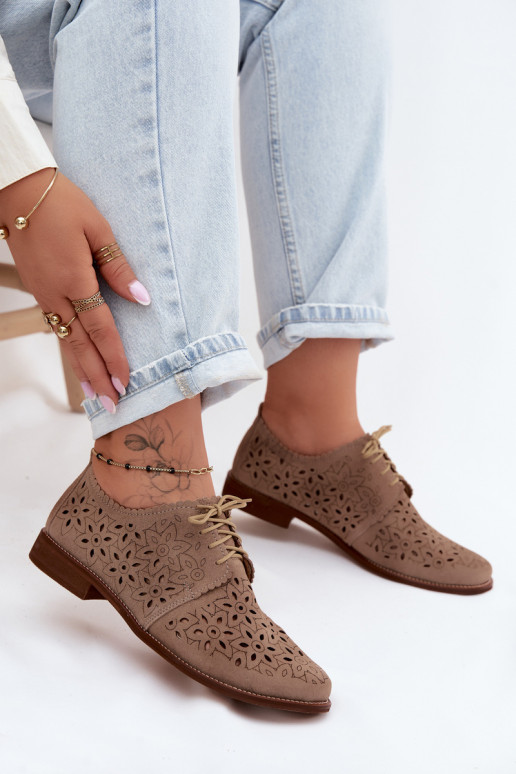 Kožené zo semišu topánky Dámske s prvkami prelamovania so širokými podpätkami Zazoo 4156 farba cappuccino