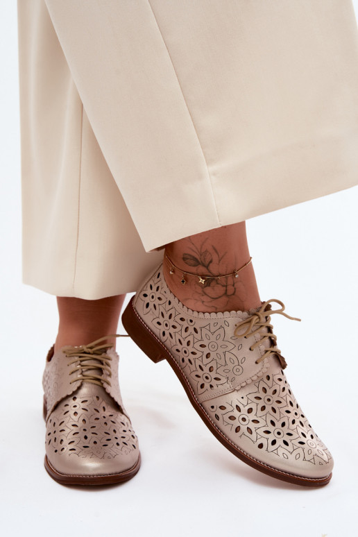 Kožené topánky Dámske s prvkami prelamovania so širokými podpätkami Zazoo 4156 zlatej farby