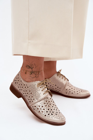 Kožené topánky Dámske s prvkami prelamovania so širokými podpätkami Zazoo 4156 zlatej farby 2