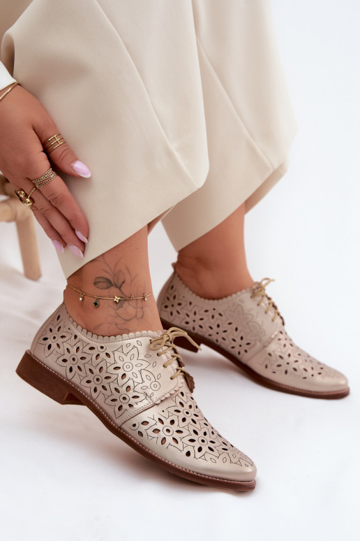 Kožené topánky Dámske s prvkami prelamovania so širokými podpätkami Zazoo 4156 zlatej farby