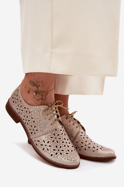 Kožené topánky Dámske s prvkami prelamovania so širokými podpätkami Zazoo 4156 zlatej farby