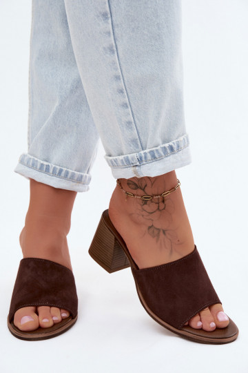 Kožené Dámske semišové papuče s podpätkami Zazoo 40519 CzekoladoIne 2