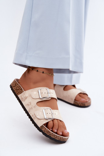 Dámske Papuče Zapnuté Korek s prackami béžová-zlatej farby Vivio 2