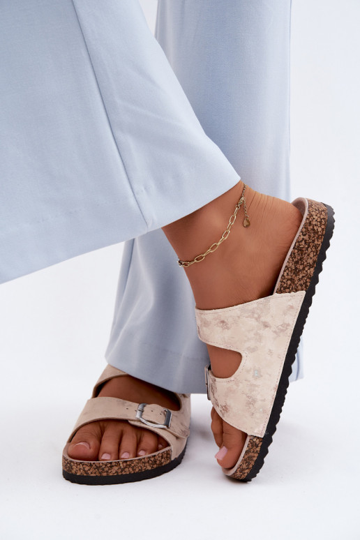 Dámske Papuče Zapnuté Korek s prackami béžová-zlatej farby Vivio