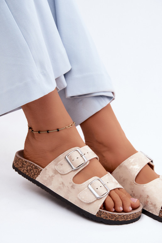 Dámske Papuče Zapnuté Korek s prackami béžová-zlatej farby Vivio