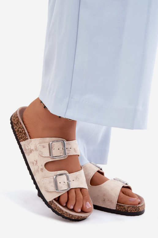 Dámske Papuče Zapnuté Korek s prackami béžová-zlatej farby Vivio