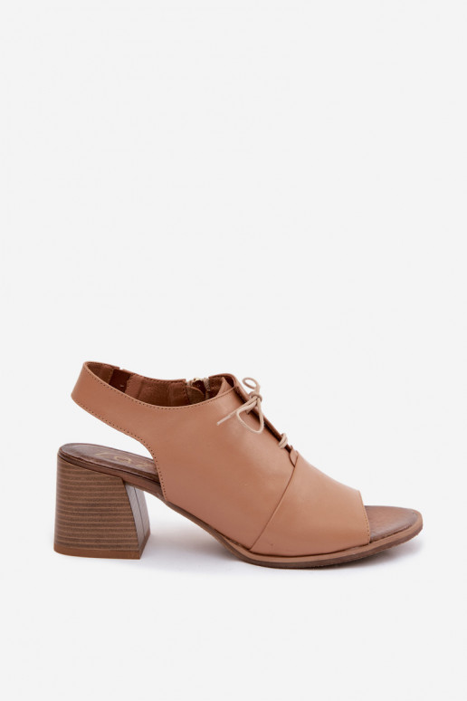 Kožené sandále na vysokom podpätku so štýlovými detailmi Zazoo 40523 v cappuccino farbe