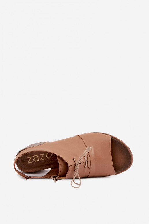Kožené sandále na vysokom podpätku so štýlovými detailmi Zazoo 40523 v cappuccino farbe