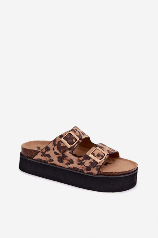 Dámske šľapky s platformou a prackami, leopardí vzor