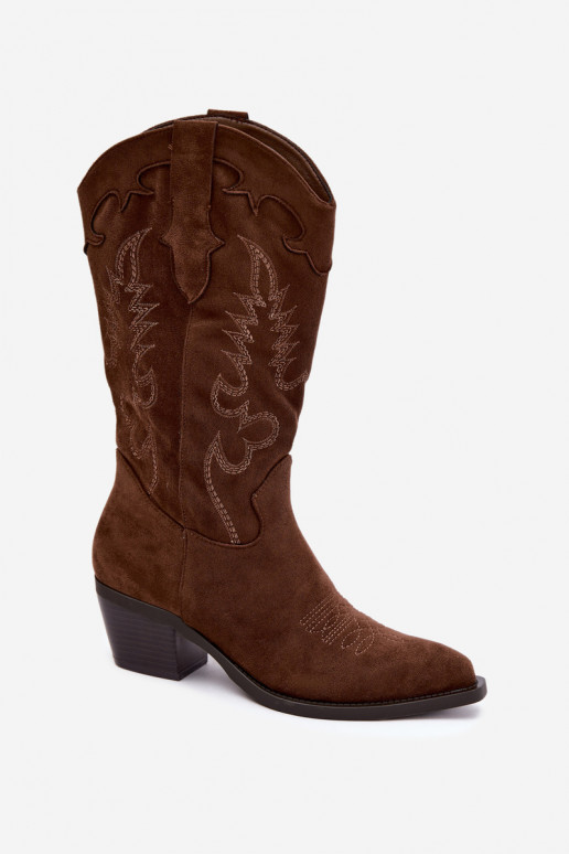 Dámske vysoké cowboy čižmy na podpätku v čokoládovej farbe Betina