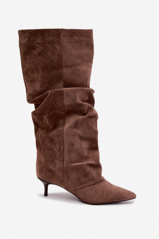 Khaki zvrásnené kozačky s kitten heel z zamšu LoĮen
