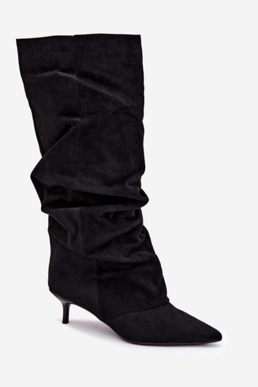 Čierne zvrásnené kozačky s kitten heel z zamšu LoĮen