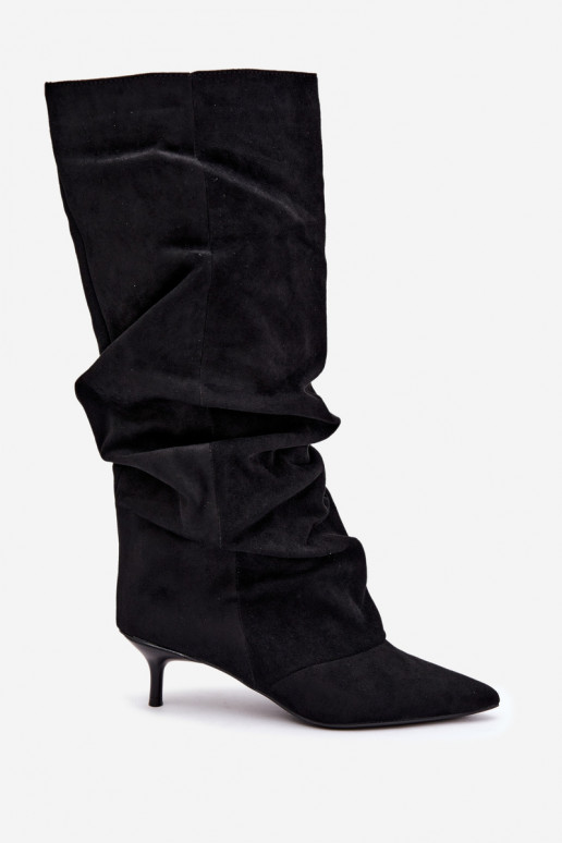 Čierne zvrásnené kozačky s kitten heel z zamšu LoĮen