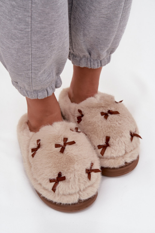 piesková farba dámske šľapky s kožušinou a mašličkami Saviera