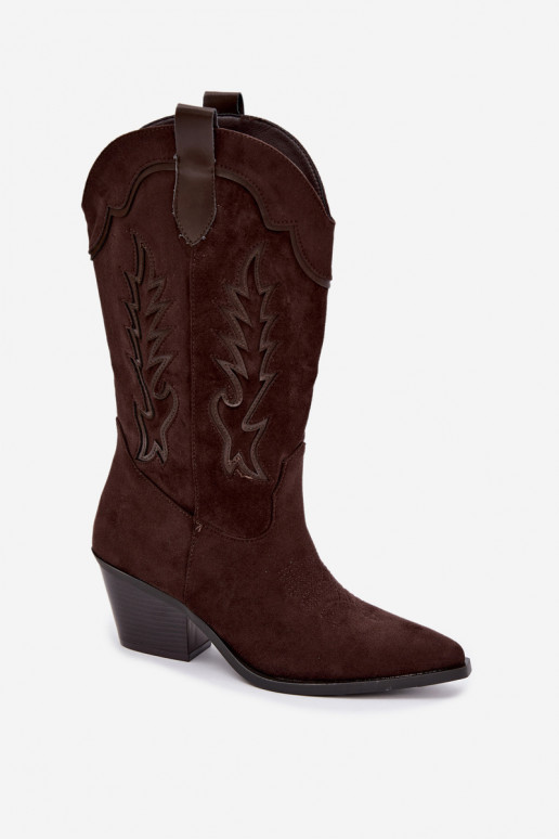 Čokoládové vysoké čižmy z umelej zamše v cowboy štýle s podpätkami Jarissa